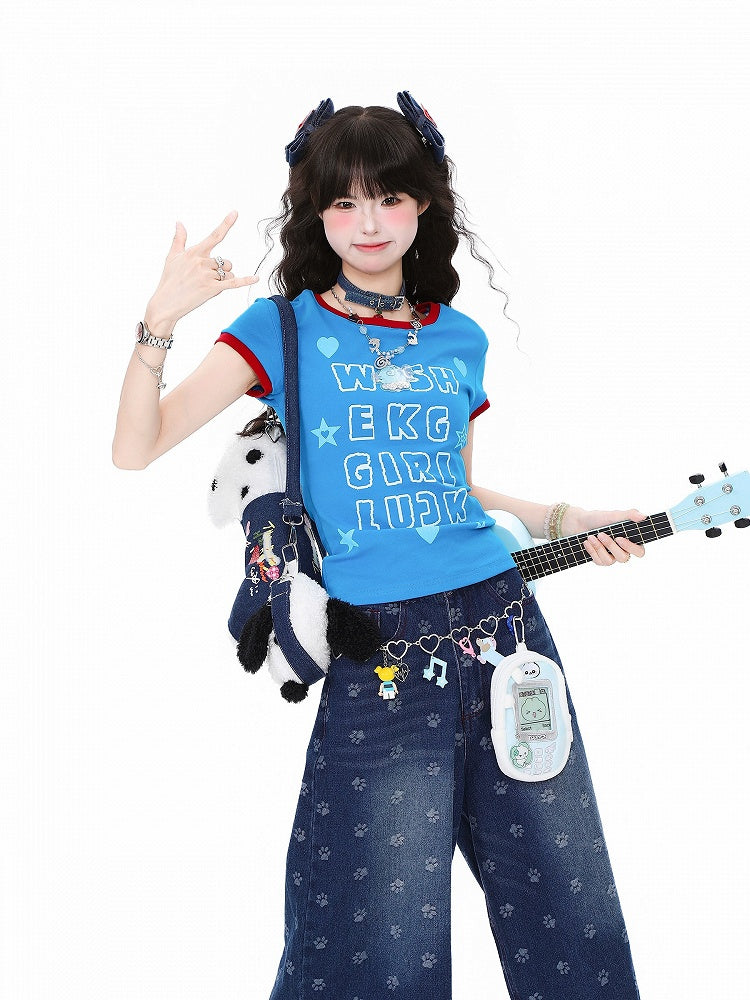 Daily Kawaii Blue Fitted Shoulder T-Shirt with Letter Print