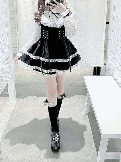 Choker Jirai Design Trim Long Dress Lace + With Set Black Matching Shorts White Kei Bead Sleeve Chain