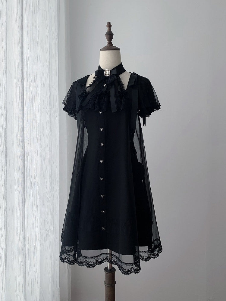 Gothic Halter Dress with Sheer Panels & Bow Accents - Ekomi