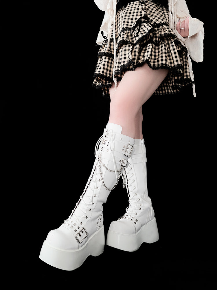 骨型メタルプレート マットホワイト パンク ウェッジ プラットフォーム ニーハイブーツ
