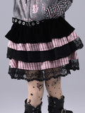 Black & Pink Striped Tiered Skirt with Musical Note Lace Trim - Hime Gyaru Style