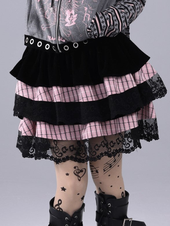 Black & Pink Striped Tiered Skirt with Musical Note Lace Trim - Hime Gyaru Style