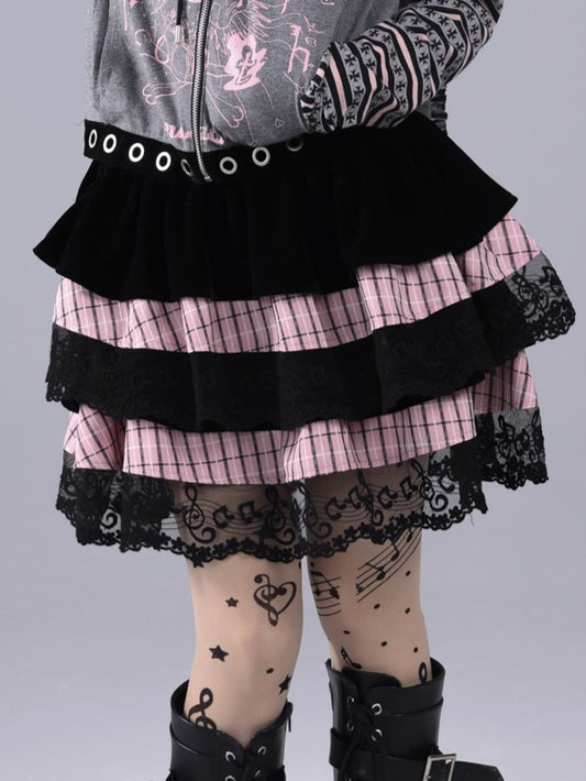 Black & Pink Striped Tiered Skirt with Musical Note Lace Trim - Hime Gyaru Style