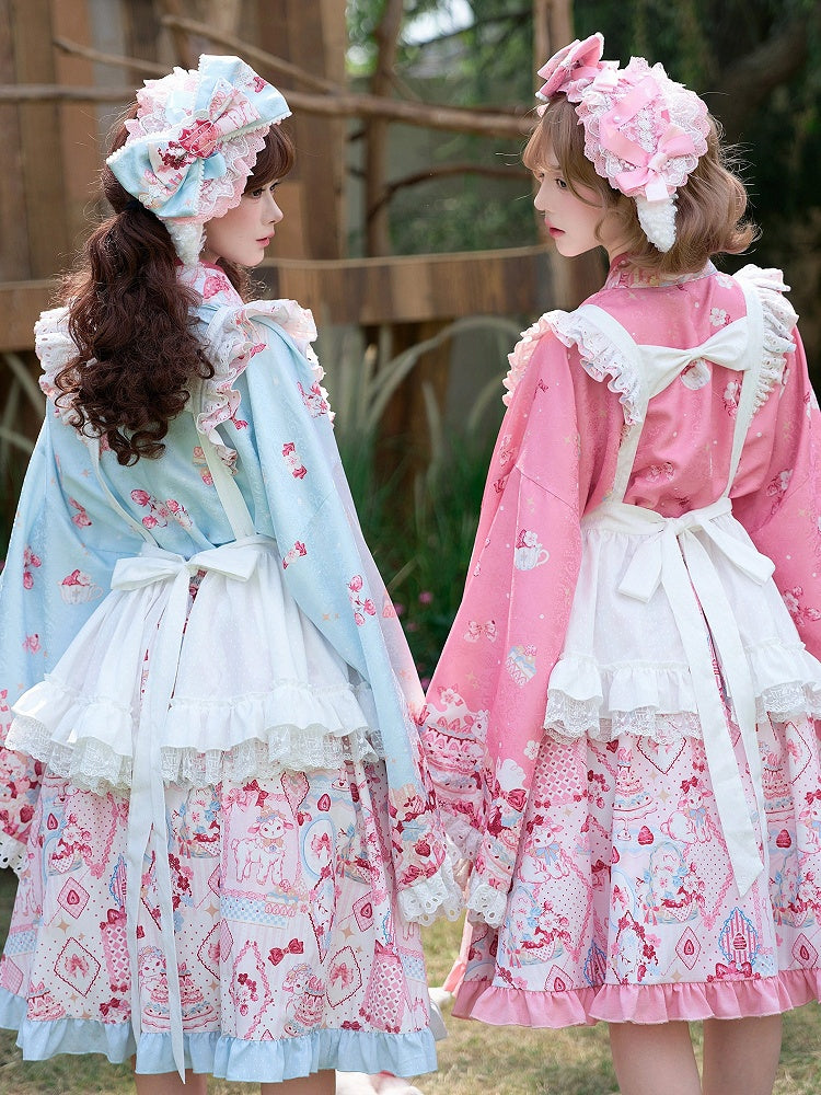 White and Pink Lolita Overlay Dress with Strawberry Embroidery, Bow & Lace Trim - San Sheng Du