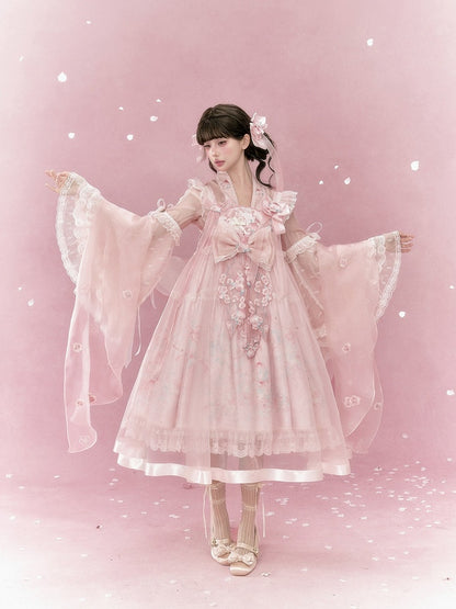 Adorable Pink Chinese Embroidery Bell-Sleeve Blouse - Yimu Walnut