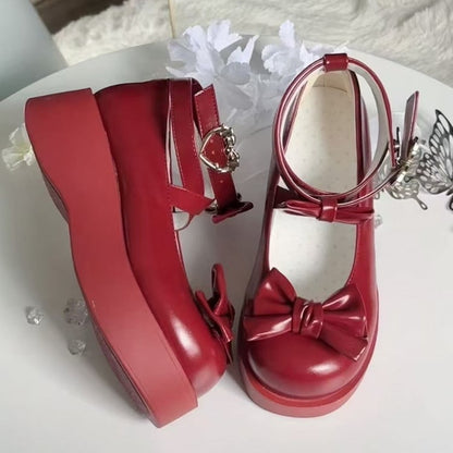Platform Straps Sweet with Crisscross Lolita Accents Shoes Wine Red Bow