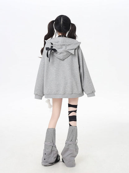 Bone Plushie Black/Gray Zip-up Hoodie with Kitty Ears Hood and