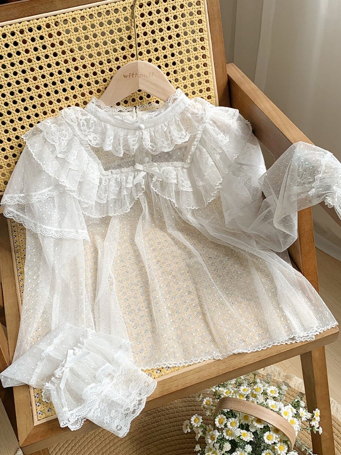 Sleeves Long Sheer Lace Dots Top Tulle White