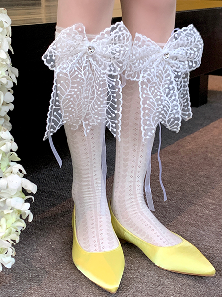 Lace White/Pink/Yellow/Blue Charm With Bowknot Socks Rhinestone