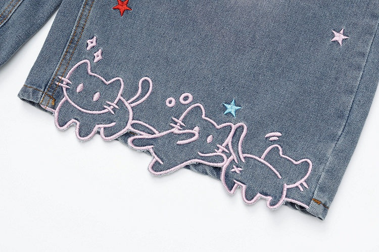 Daily Kawaii Light Blue Kitty & Star Embroidery Wide-Leg Cropped Jeans - Languid Park