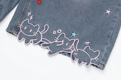 Daily Kawaii Light Blue Kitty & Star Embroidery Wide-Leg Cropped Jeans - Languid Park