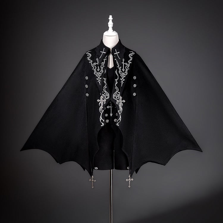 Hem Sleeves Cross Shorts Black Ouji Lolita Curved + Embroidery Bat-Wing Cape Long Top Gothic