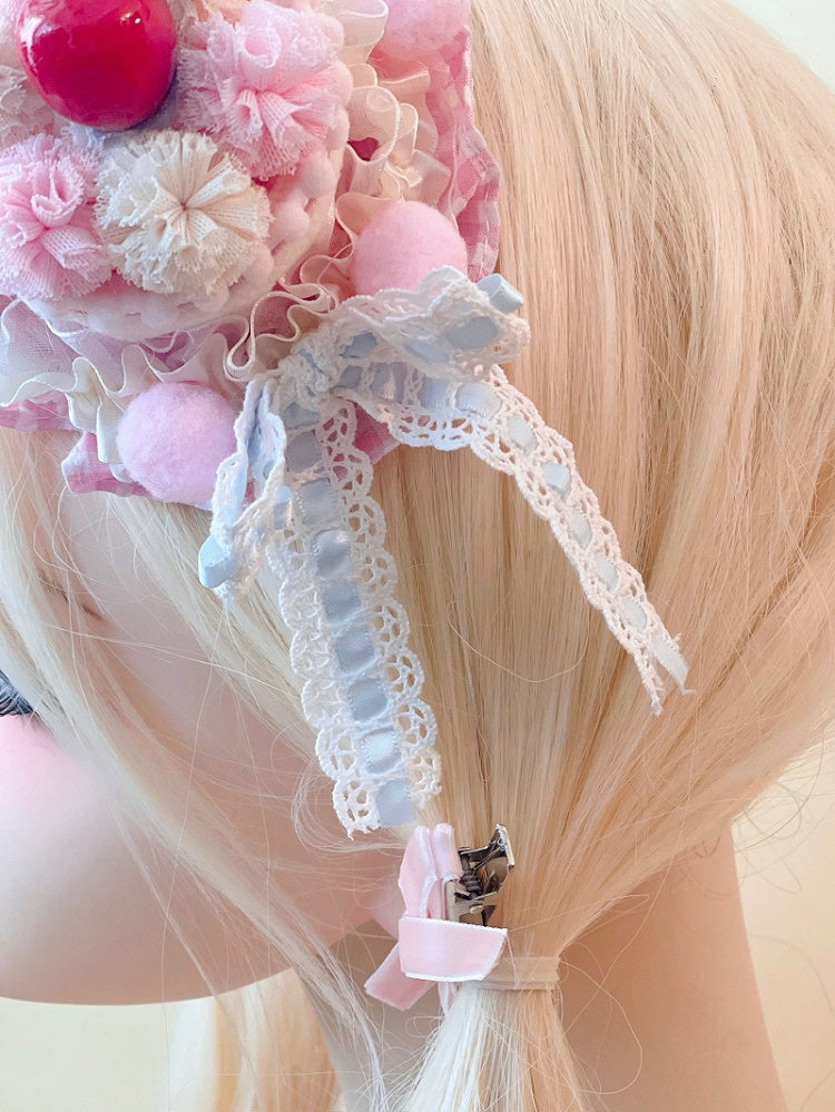 Pompoms Sweet Lolita Hat Cake Cherry Pink White with Mini