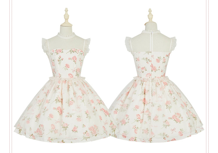 Kleid Rosa Print Rosette Weiß Illusion Lolita Sommer Ausschnitt