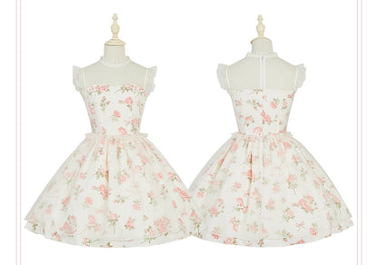 Kleid Rosa Print Rosette Weiß Illusion Lolita Sommer Ausschnitt