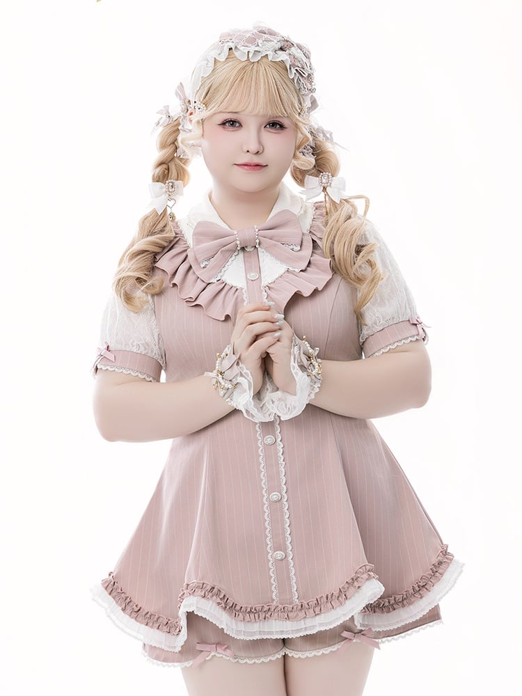 Set - Top Striped Brooch Scalloped Edge with Pink Kei Matching Shorts Bow Jirai
