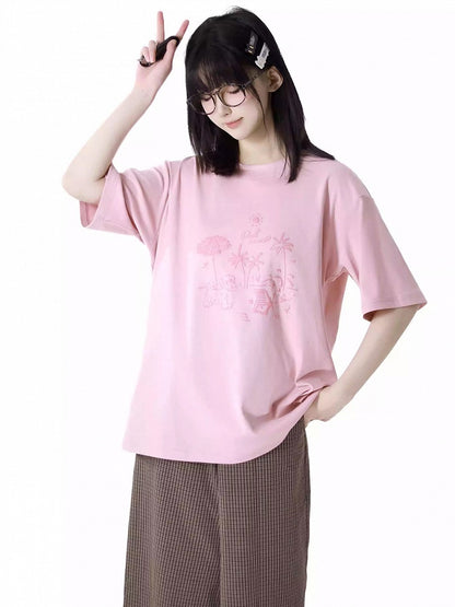 ルーズグラフィティTシャツ パピー ラウンドネック グレー/ピンク/ライトパープル