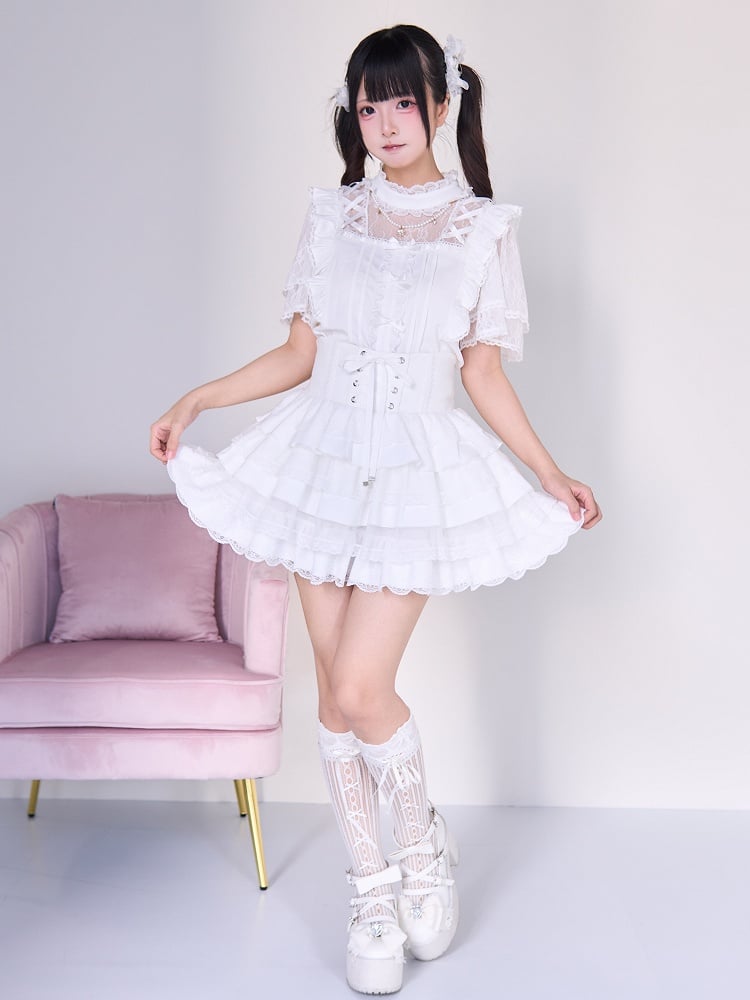 Sleeves Jirai Kei White Short Blouse with Criss-cross Illusion Neckline and Beaded Chains