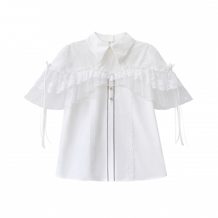 with Trim and Lace Jirai Kei White Cape Design Blouse Flat Collar Pointed