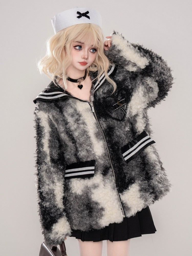 ブラック/ブラウンのセーラーカラーの蝶結びディテールのフリースジャケット