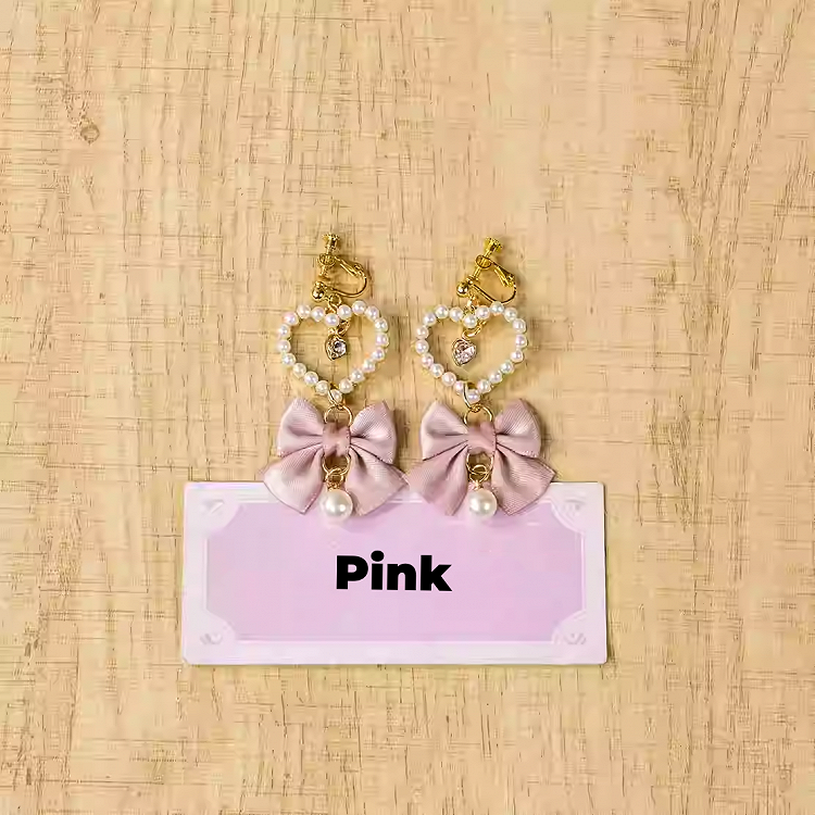 Heart Ear Clips Jirai Kei White/Dusty Beaded Pink/Blue/Black/Pink Bow
