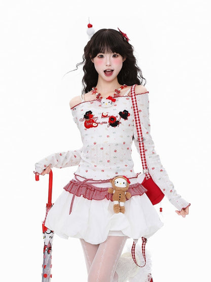Cherry Adorable Off-Shoulder with White Print Embroidery Top Knit Semi-Sheer