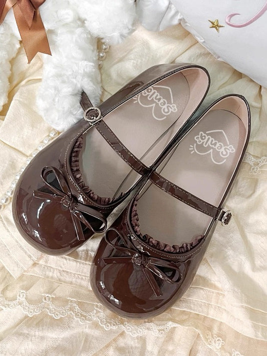 Round Flat Shoes Bow Toe - with Lolita Detail Lace