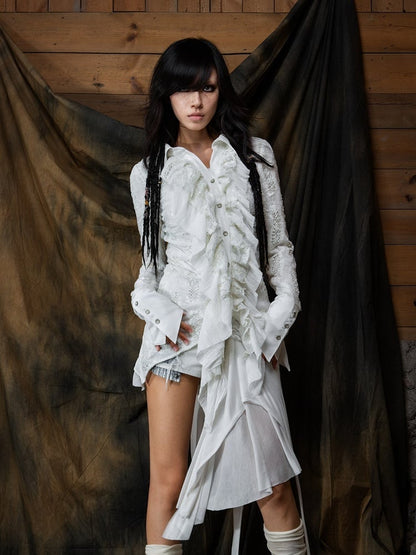 Punk - Button Shirt Asymmetrical Cuffs White Design Gothic