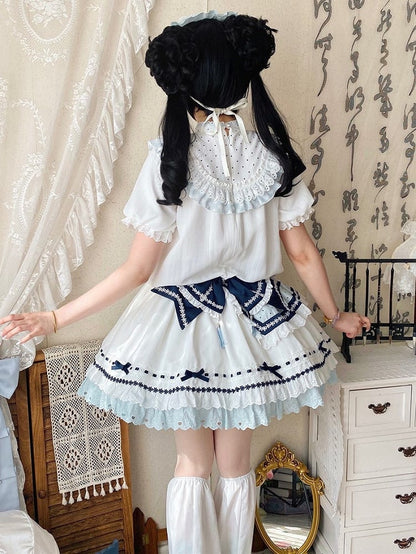 and White Banded Lolita Han Accents Blue Flower Collar Bow Dress with Puff Sleeves