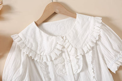 Flat Round Sleeves Cotton Lolita Short Collar Blouse White Sweet