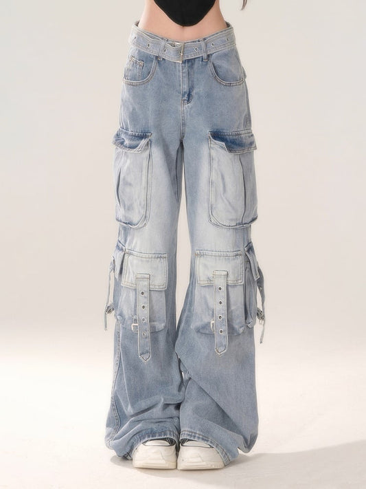 Gradient Blue Wide-Leg Cargo Jeans with Strap Detailing
