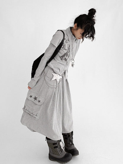 Gray Sleeve Long Two-piece - Print Top Bunny