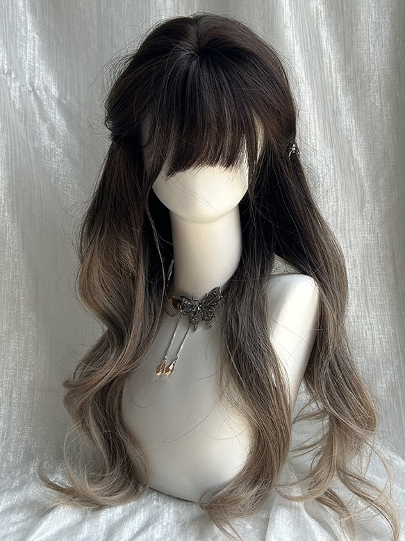 Braune Ombre-Perücke, lang, gewellt, Kunsthaar, mit Pony