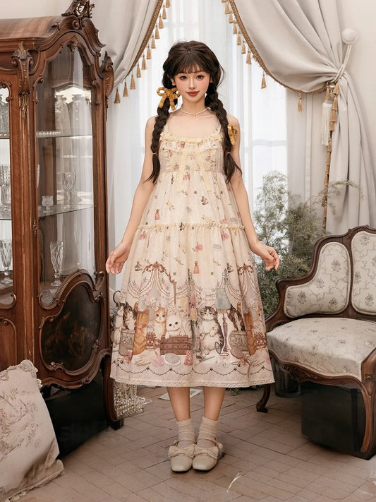Beige Cat Print High Waist Sweet Lolita Jumper Skirt - NyaNya