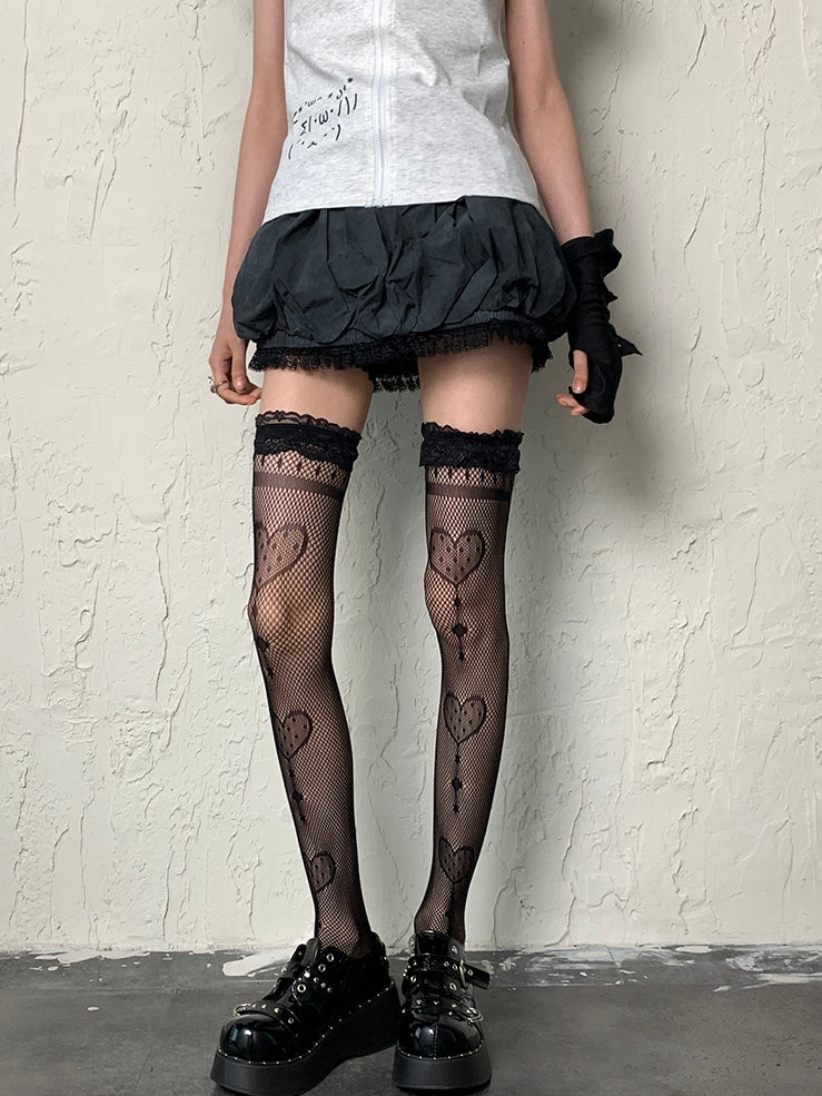 Fishnet Overknee Y2K Lace Stockings Heart Pattern Black Design Trim