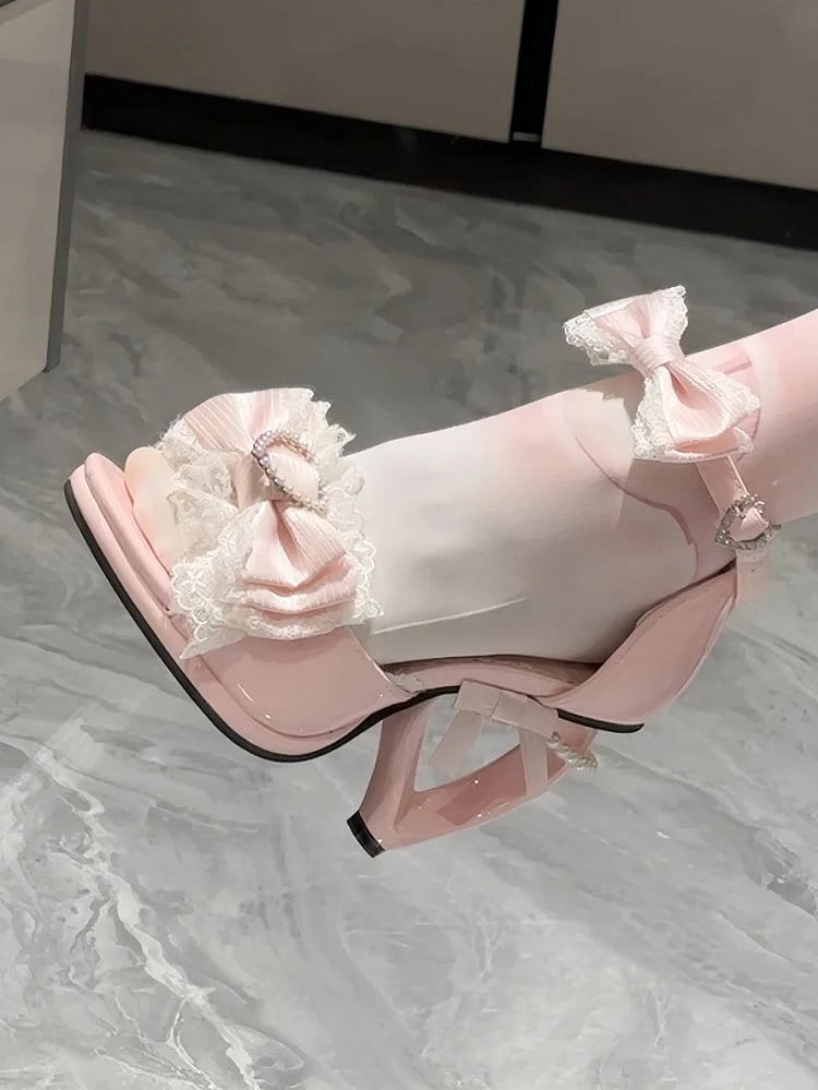 with Beaded Lolita Pink Shoes High-heel Hime Embellishments