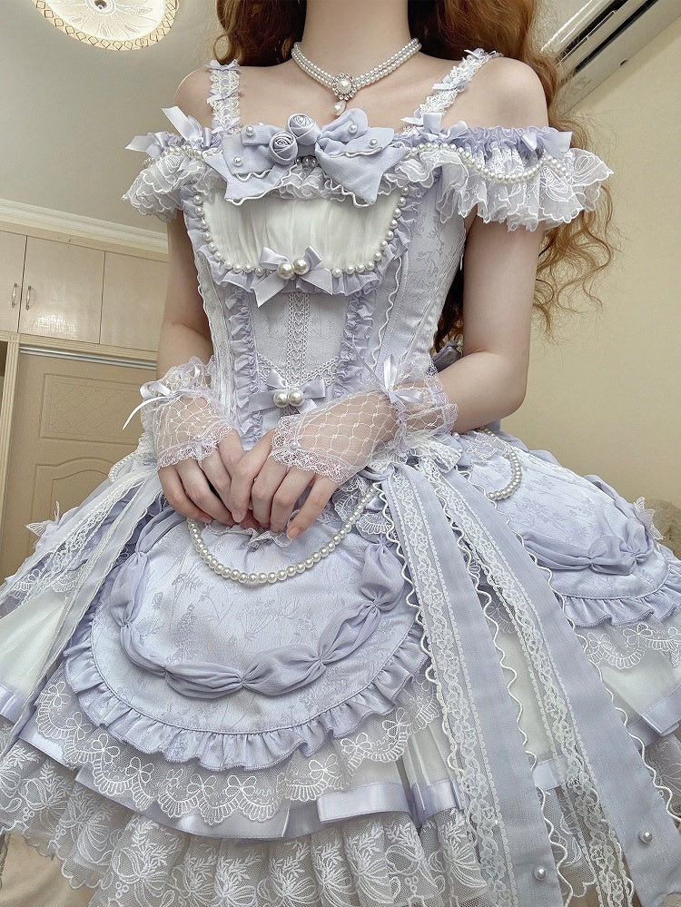 Dress Purple with Off-the-shoulder Balletcore Lolita Neckline Waist Corset Straps