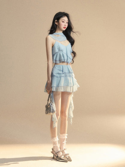 Blue Chiffon Tiered Skirt Mini Asymmetrical Ruffled Hem Slim-fitting