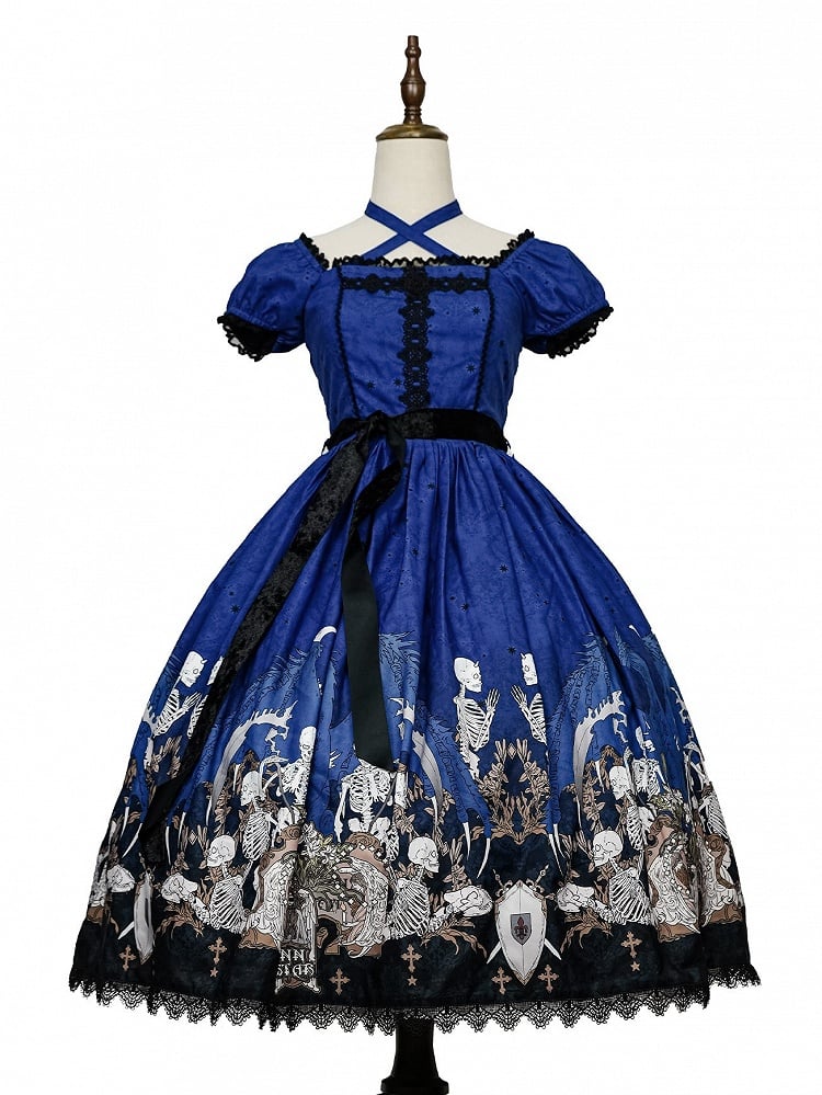 Cross Trim Black Gothic Skeleton Dress and Lace Lolita with Print Blue