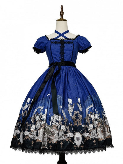 Cross Trim Black Gothic Skeleton Dress and Lace Lolita with Print Blue