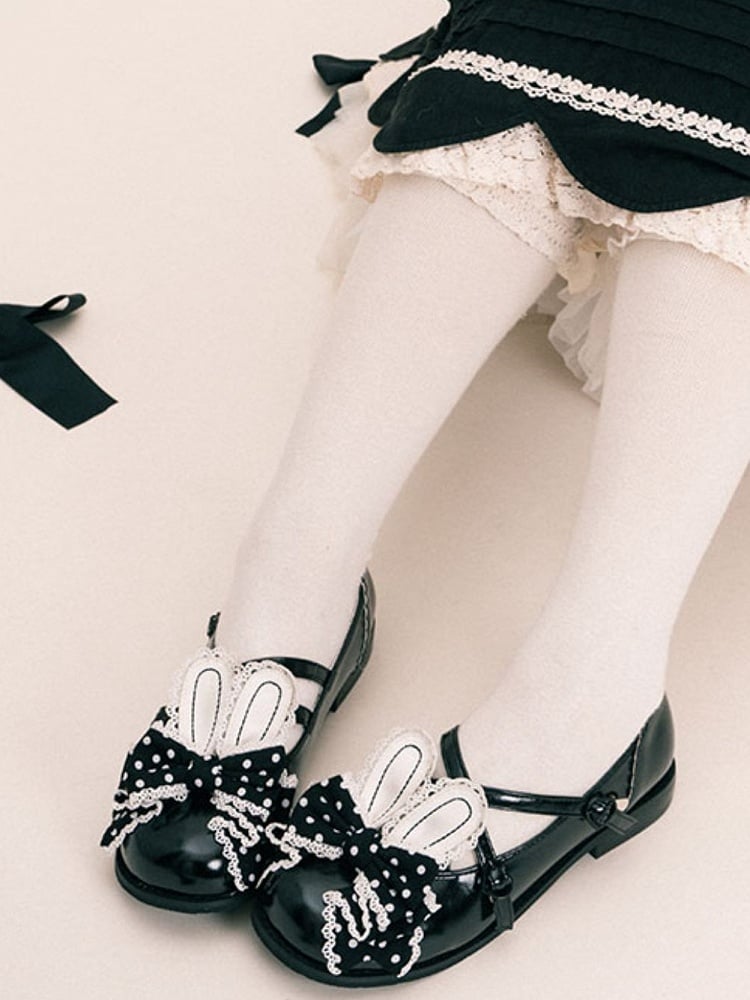 bei Lolita Schuhe Crisscross Bow Top Schwarzes Design Ohr Bunny Polka-Dot-Muster