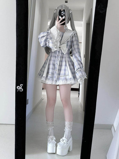 Sleeves Matching Landmine Two-Piece - Top Sailor Bow Shorts Blue + Gray Collar Set Style Bell