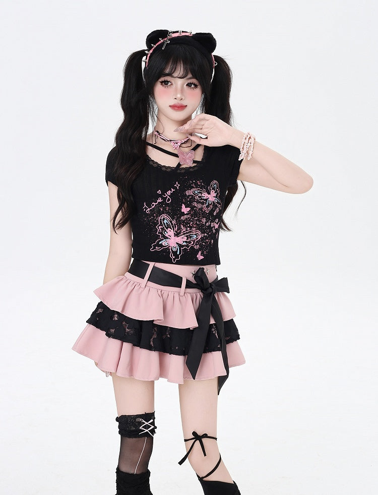 バタフライプリント クロップドTシャツ ブラック/アプリコット