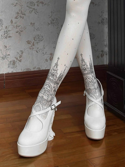 Straps Winged Buckle Platform Heel Heels Sculptural - Gothic White Crisscross