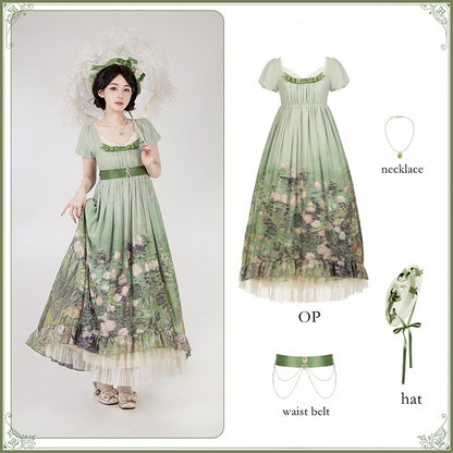 Empire Set Malerei Öl Rosen Lolita Elegant Grün Print Taille OP Rock