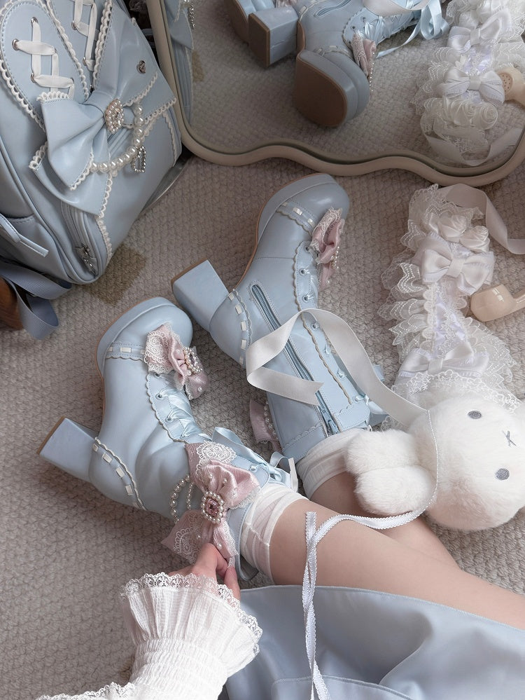 Blue Sweet Lolita Boots with Rhinestone Accents - Sheep Puff