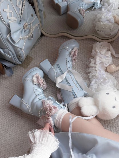 Blue Sweet Lolita Boots with Rhinestone Accents - Sheep Puff