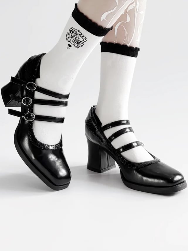 Snakeskin Gothic Lolita Black 6.5cm Buckles Block 3 Pattern with Heels