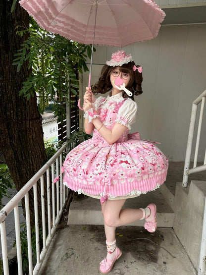 Rose Sweet Lolita Halter Neck JSK Dress with Cosmetics and Cat Print - Pastry Chef