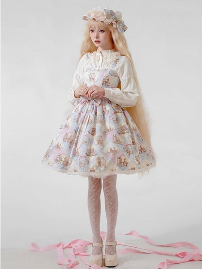 Rabbit Theme Sweet Lolita JSK Dress with Blue Diamond Print